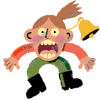 A startled figure with a ponytail and wide open mouth as a yellow bell rings beside its head, in a coral top and green trousers.