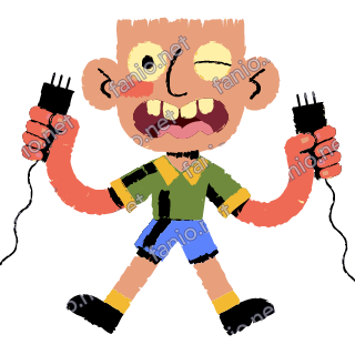 A winking figure holding up two unplugged black power plugs, one in each hand, in a green shirt and blue shorts.