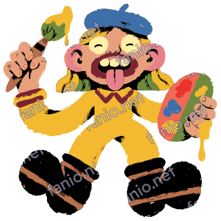 A painter in a blue beret and yellow outfit with tongue out, holding a dripping paintbrush and a colourful palette.