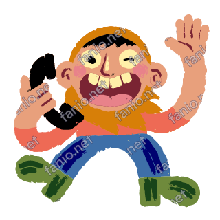 A winking man with an orange beard talking on a black phone receiver and waving, in a coral top, blue trousers and green shoes.