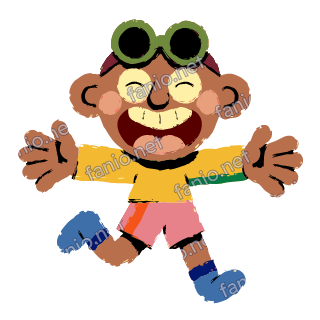 A figure with green goggles on its head running with arms spread like wings, in a yellow top and pink shorts.