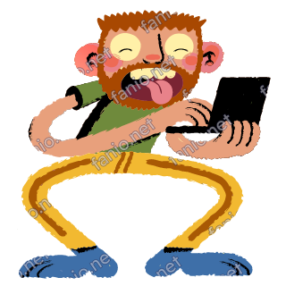 A bearded young man types on a small black laptop held in one hand, tongue out in concentration.