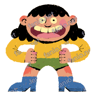 A grinning figure with black curly hair standing with hands on hips, in a yellow sweater, green shorts and blue boots.