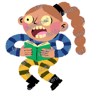 A figure with a long braid gasping with one eye squinted while holding an open green book, in a blue striped sweater and yellow striped tights.