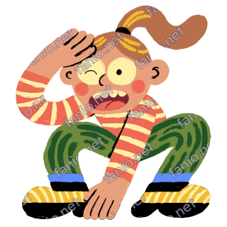 A crouching figure with a ponytail shading her eyes with one hand to look into the distance, in a coral and cream striped sweater and green trousers.