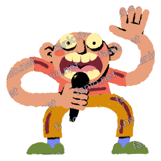 A man sings loudly into a black microphone with one hand, his other arm raised high.