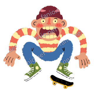 A shocked figure in a maroon beanie flying above its skateboard, in a coral and cream striped sweater, blue jeans and green sneakers.
