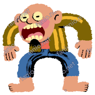 A bald man with squinting eyes and a wide open mouth bracing for a sneeze, in an olive striped jacket and blue jeans, barefoot.