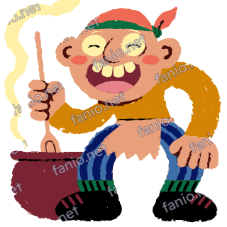 A figure in a red bandana grinning as it stirs a steaming maroon pot with a long wooden spoon, in an orange sweater and striped blue trousers.