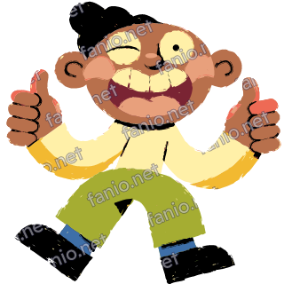 A winking figure with a black bun giving two big thumbs up, in a cream top and green trousers.