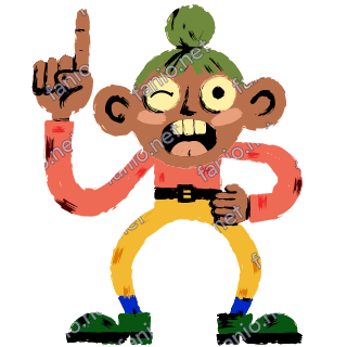 A figure with a green bun, raising one finger and winking as she explains, in a coral top and yellow trousers.