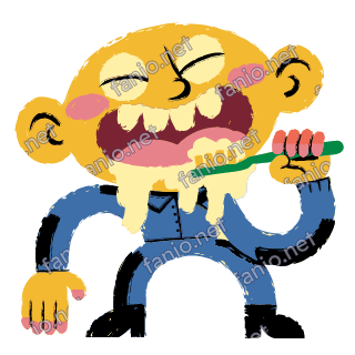 A figure with eyes squeezed shut brushing its teeth with a green toothbrush, foam dripping from its mouth, in a blue shirt.