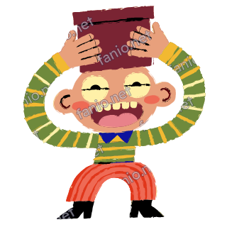 A grinning figure lifting a maroon box above its head with both hands, in a green and yellow striped sweater, blue bow tie and red striped trousers.