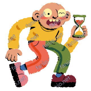 A bald man winking and walking along while holding up an hourglass, in a yellow sweater and coral and green trousers.