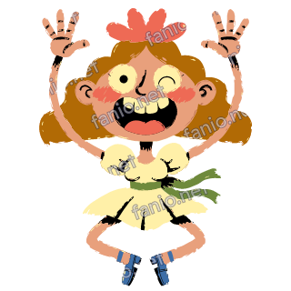 A bride in a pale yellow dress and a coral flower crown dances with both hands raised, winking happily.