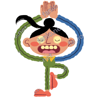 A figure with a black bun balancing on one leg with eyes closed and palms pressed together overhead, in green and blue sleeves.