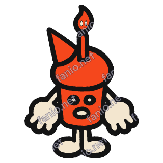 A red-orange cupcake mascot in a paper cup with a party hat and one lit candle on top, two small cream eyes and a small open mouth, with big cream hands and cream legs.