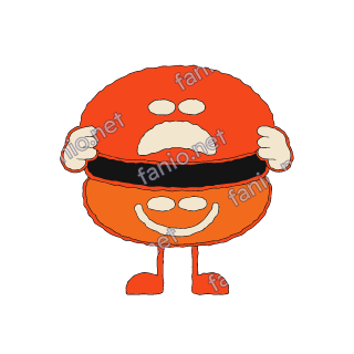 A burger bun character split in the middle by a black gap: the red top half looks worried, the orange bottom half smiles, with cream hands holding the lid and two red legs.