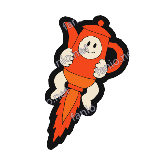 A red-orange coffee pot with a smiling cream face, hugged by cream hands with cream legs dangling, blasting upward on a trail of orange flames like a rocket.