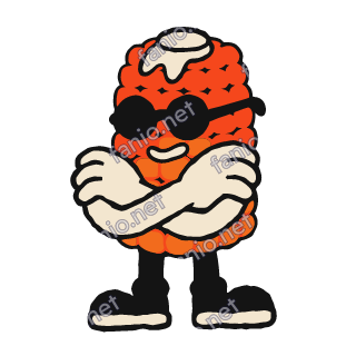 A red-orange corn cob with butter on top, round black sunglasses and a smirk, arms crossed in cream, standing on black legs and cream shoes.