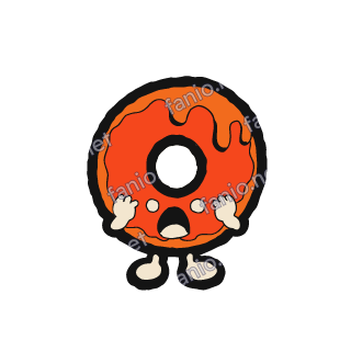 A round red-orange donut with dark icing drips and a hole in the middle, a small screaming face, cream hands on its cheeks and cream feet below.