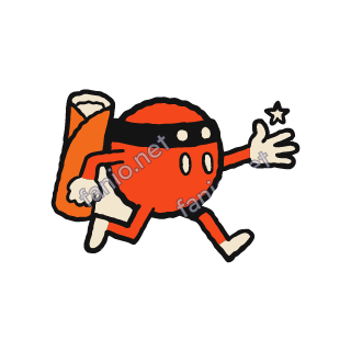 A round red falafel ball wearing a black ninja headband, running with one hand out and a small cream star, carrying an orange wrap on its back.