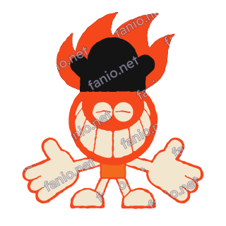 A grinning red chef head with a wide cream-toothed smile, a black chef hat wrapped in red flames, and big cream hands spread open on each side.