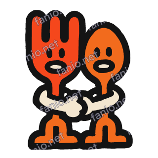 A red-orange fork and an orange spoon, each with a small face, standing side by side on short legs and shaking hands with long cream arms.