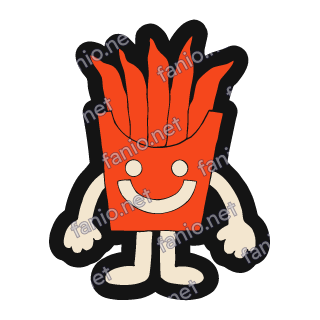 A smiling red french fry box character with fries shaped like flames, cream arms and legs, and a thick black sticker outline.