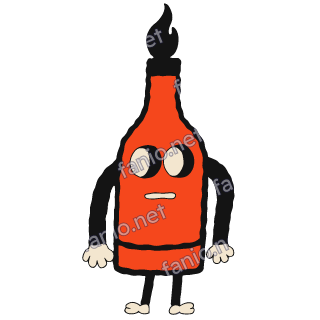A tall red hot sauce bottle with wide cream eyes, a flat mouth, black arms and legs, and a black flame rising from the neck.