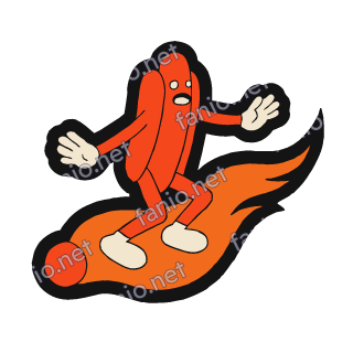 A red sausage-in-a-bun character with a startled face balancing with arms out on an orange flame that works as a surfboard, inside a black sticker outline.