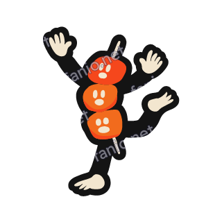 A skewer of three red and orange kebab pieces with small faces, with long black arms and legs raised in a dance pose and cream hands and foot.