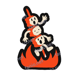 Three red meat chunks with small cream faces stacked on one skewer above red flames, waving and looking startled, inside a thick black sticker outline.