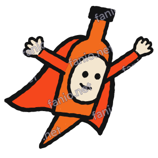 An orange bottle with a black cap and a smiling cream oval face, wearing a red cape and flying with both arms stretched out.