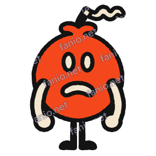 A round red pepper shaped like a bomb with a lit fuse and a curl of cream smoke, cream oval eyes, a worried frown, cream arms and black legs.