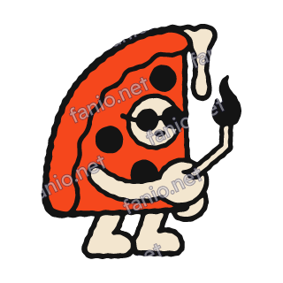 A red pizza slice with black pepperoni, a cream face wearing black sunglasses, melted cheese dripping from the top, and a cream arm holding a lit torch.
