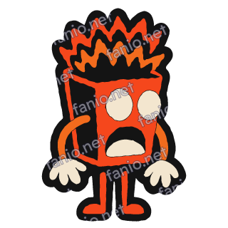 A red-orange popcorn box mascot with two wide cream eyes and an open shocked mouth, orange popcorn bursting from the top like flames, cream hands hanging down and red legs.