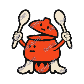 A red-orange cooking pot mascot with a face on its body and on its tilted-open lid, holding two big cream wooden spoons up like drumsticks, standing on cream boots over a small flame.