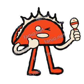 A red-orange taco mascot with a cream shell frill, one round cream eye and one winking eye, a wide cream mouth, a cream maraca in its raised hand, and long red legs.
