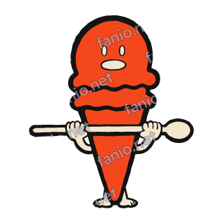 A red ice cream cone mascot with three stacked scoops, two small cream oval eyes and a cream mouth, holding a long cream wooden spoon across its body with both hands, on tiny cream feet.