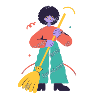 لينا تكنس بمكنسة صفراء بكلتا يديها.