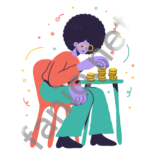 Lina sits on a coral chair at a small teal table, stacking yellow coins into piles.
