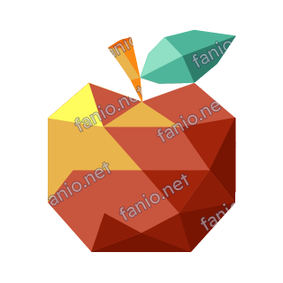 A low-poly apple in red and ochre facets with a short orange stem and one teal leaf.