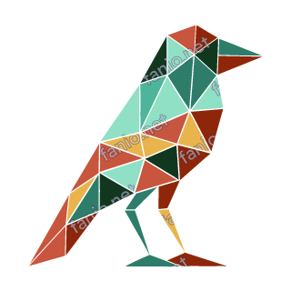 A low-poly bird like a crow standing on two thin legs, made of teal, rust, mustard and dark green triangles with thin white seams.