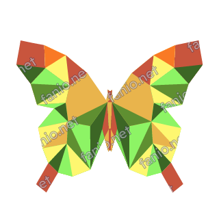 A low-poly butterfly seen from above with open symmetrical wings in yellow, lime green and rust triangles.