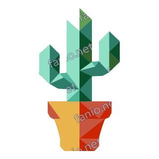 A low-poly cactus in mint and teal with two raised arms, standing in a yellow and rust pot.