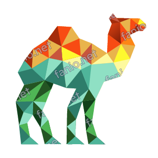 A low-poly camel standing in profile, its hump and head in orange, red and yellow triangles and its body and legs in teal and green.