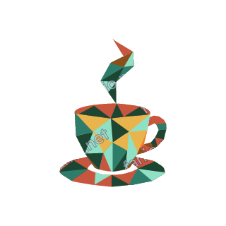 A low-poly cup on a saucer in teal, mustard and rust triangles, with a zigzag ribbon of steam rising above it.