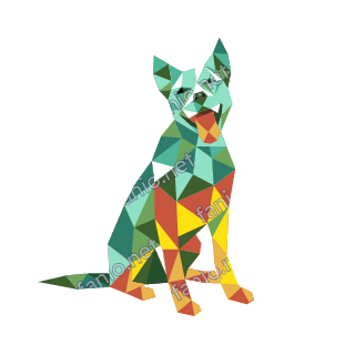 A low-poly dog sitting upright with pointed ears and its tongue out, its head in teal and mint triangles and its body in red, yellow and green.