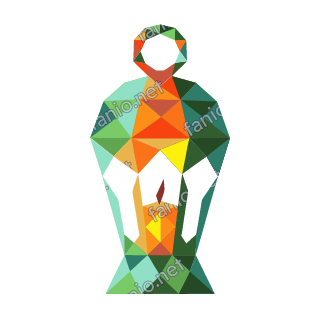 A low-poly lantern with a ring on top, its frame in green, teal and orange triangles and a lit orange candle glowing inside.